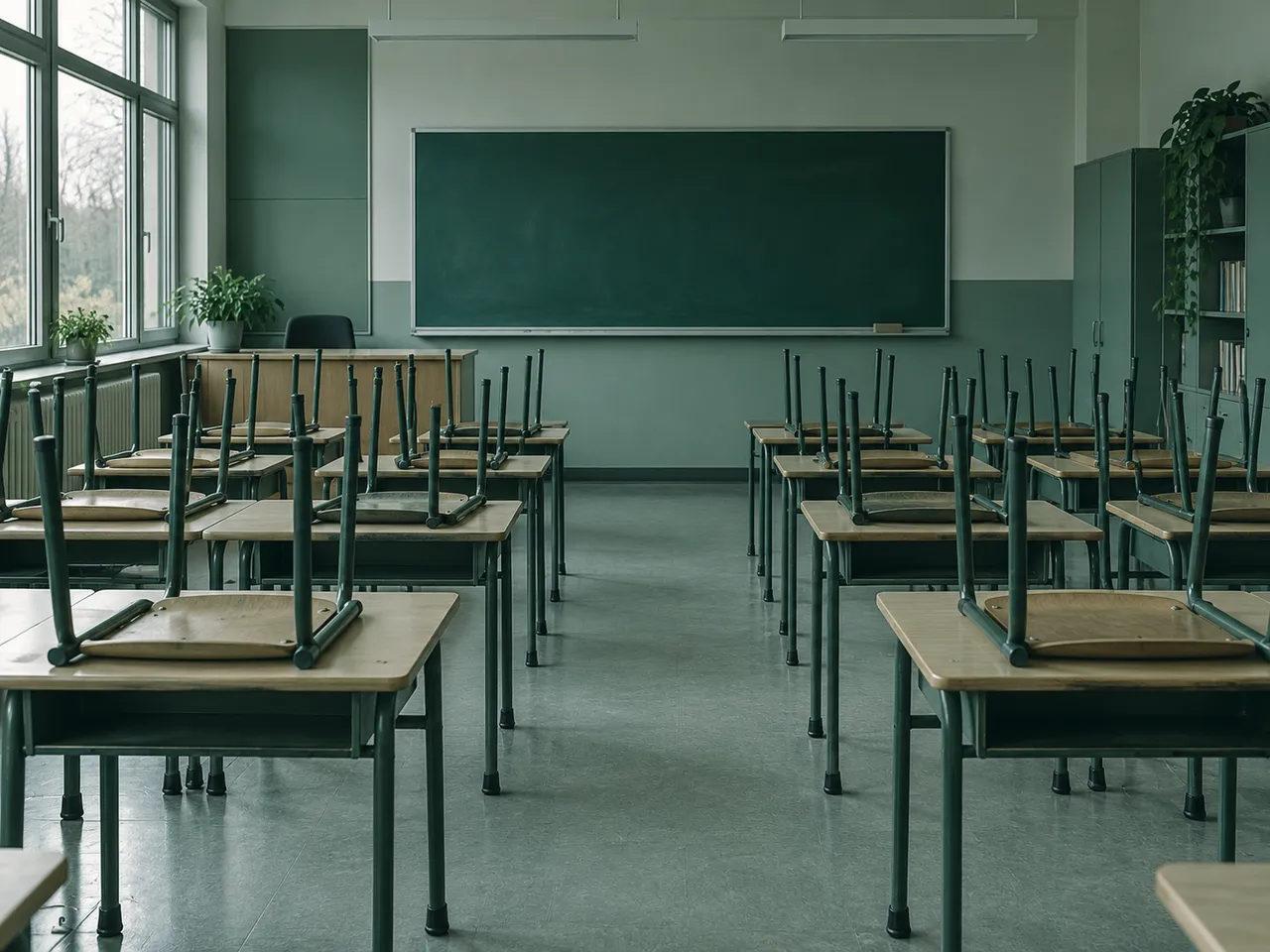 Leeres Klassenzimmer nach Schulschluss, Stühle auf den Tischen, leere Tafel