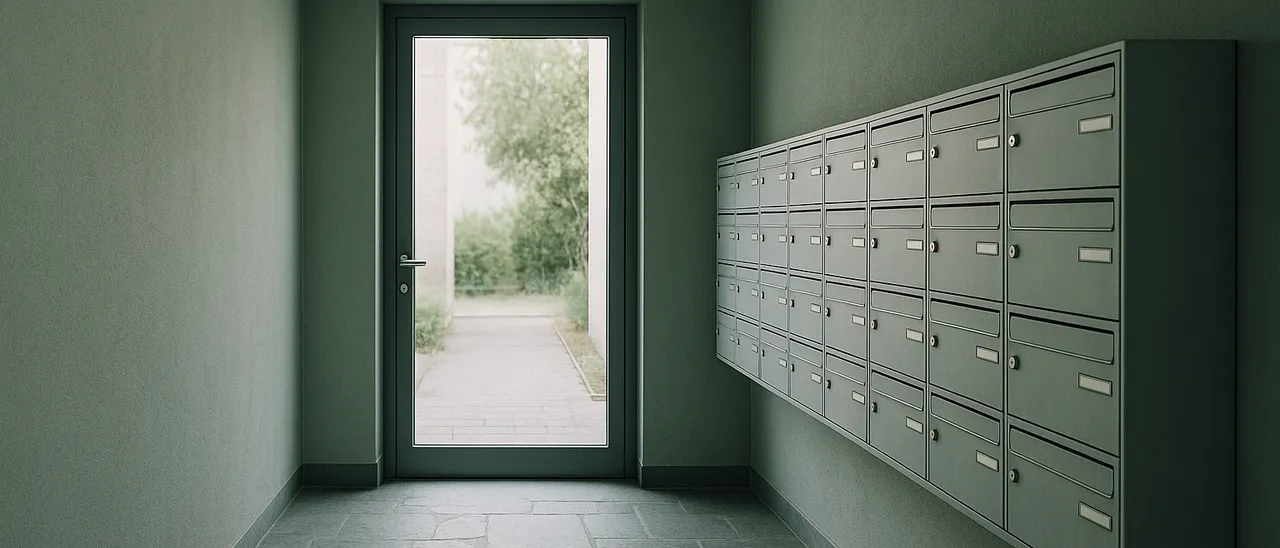Sauberer Hauseingang mit unbeschrifteten Briefkästen