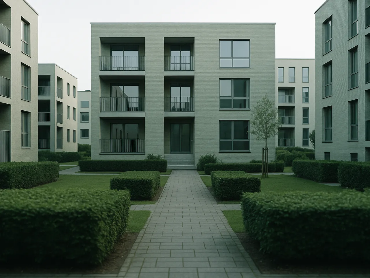 Moderne Wohnanlage mit gepflegtem Innenhof und sauberen Wegen am Morgen