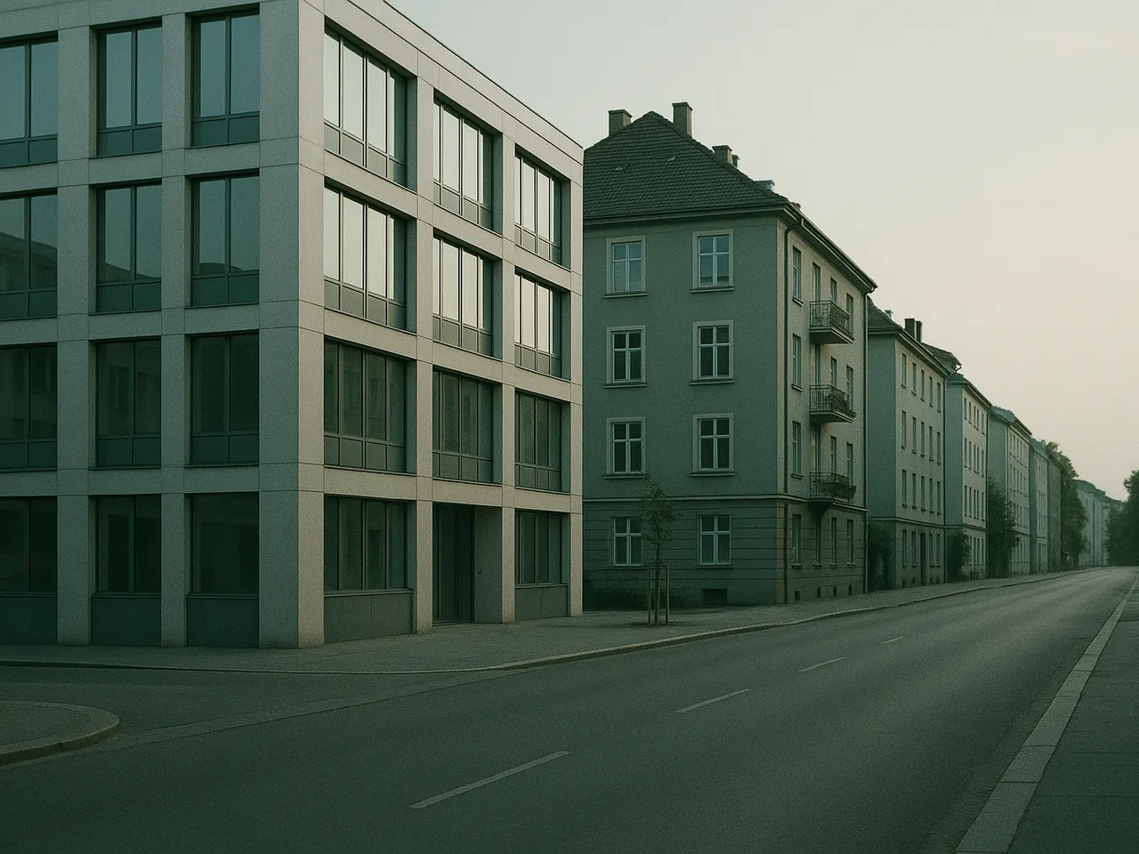 Ruhige Straße mit Bürogebäude und Wohnhäusern im Morgenlicht