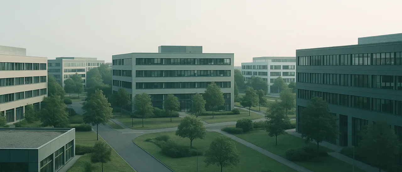 Erhöhter Blick über ein Gewerbegebiet mit Bürogebäuden und Grünflächen am Morgen