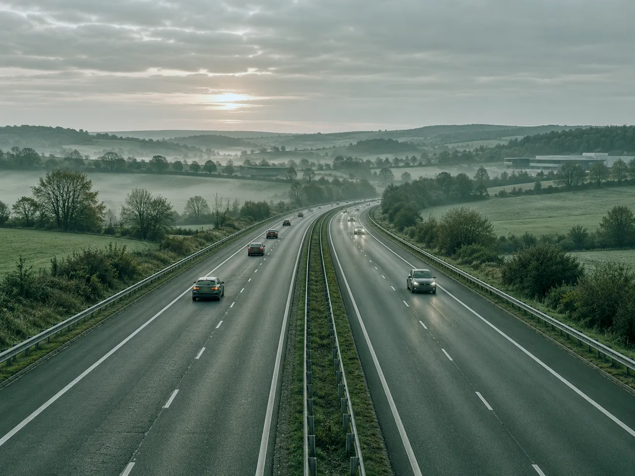 Autobahn durch eine hügelige Landschaft bei Sonnenaufgang mit leichtem Verkehr