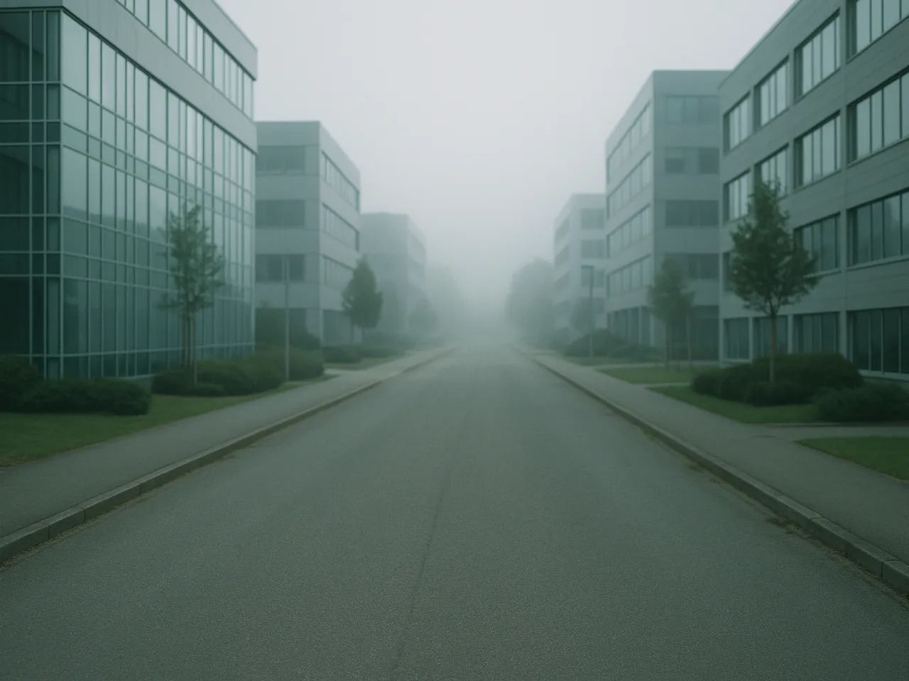 Straße durch ein Gewerbegebiet bei Morgenlicht, Bürogebäude unscharf im Hintergrund