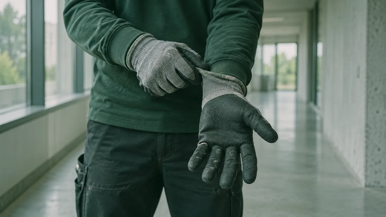 Hände ziehen Arbeitshandschuhe an, Detailaufnahme in einem hellen Flur