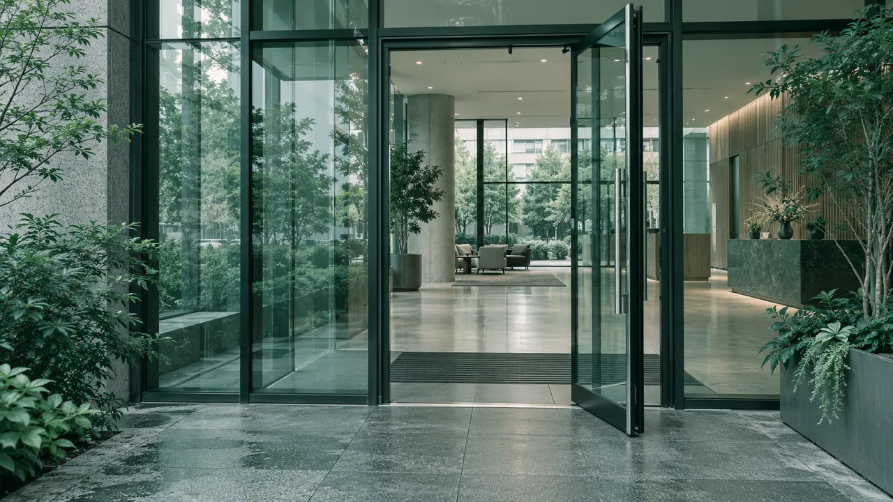 Glastür eines modernen Bürogebäudes mit Blick in ein helles Foyer