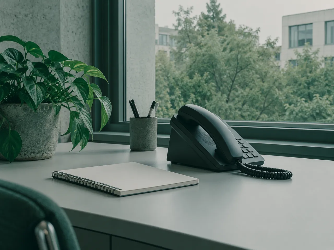 Telefon und unbeschriebener Notizblock auf einem aufgeräumten Schreibtisch am Fenster