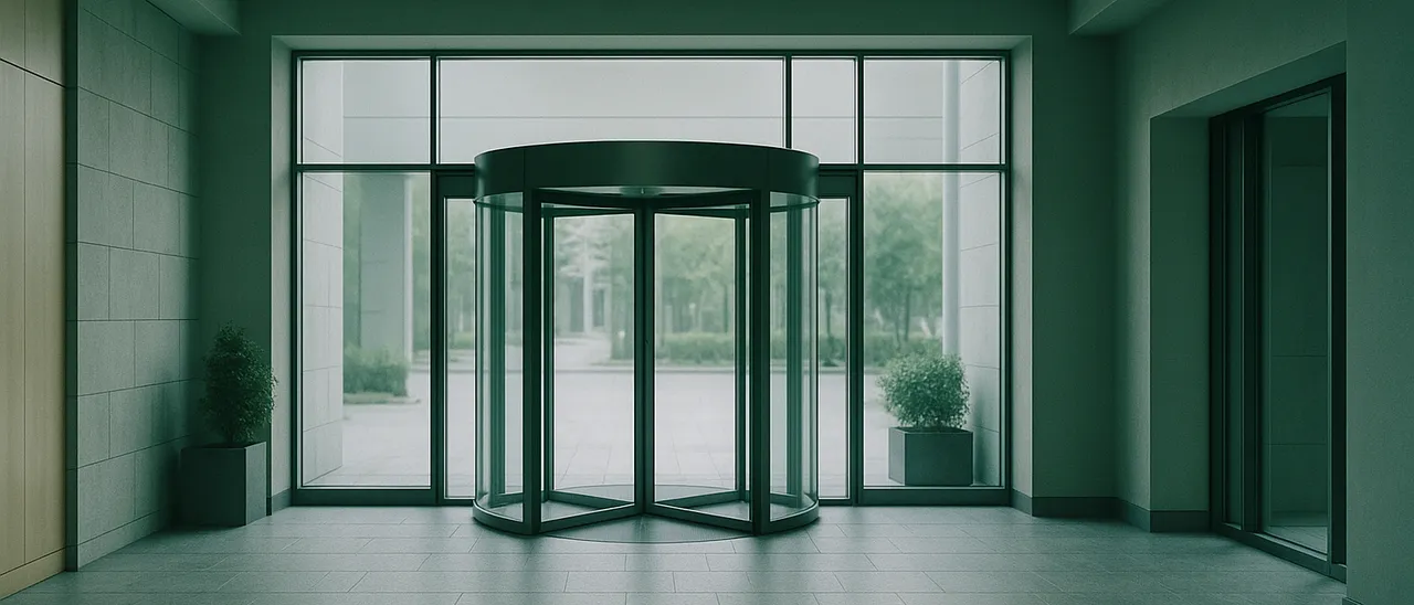Ruhiges Foyer eines Bürogebäudes mit Glasdrehtür und Steinboden im Tageslicht