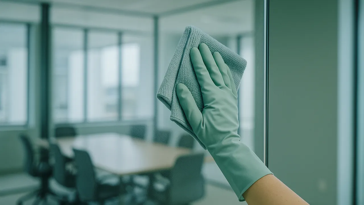 Hand im Handschuh wischt eine Glastrennwand im Büro mit einem Mikrofasertuch