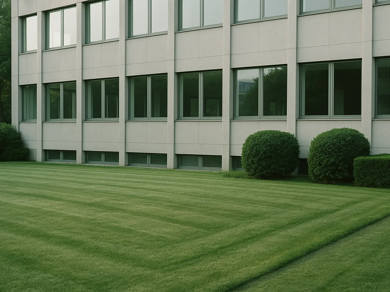 Frisch gemähte Rasenfläche mit sauberen Kanten vor einem Bürogebäude am Sommermorgen