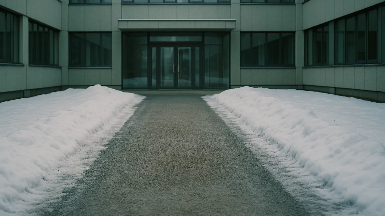 Geräumter und gestreuter Gehweg zu einem Büroeingang an einem Wintermorgen