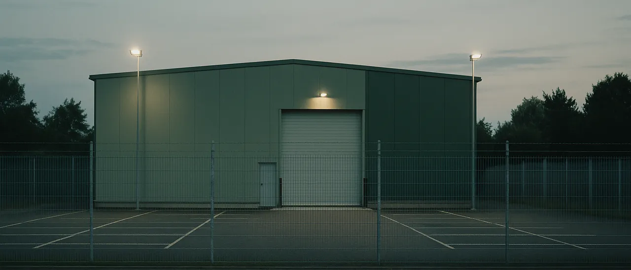 Umzäuntes Firmengelände mit leerem Parkplatz in der Abenddämmerung