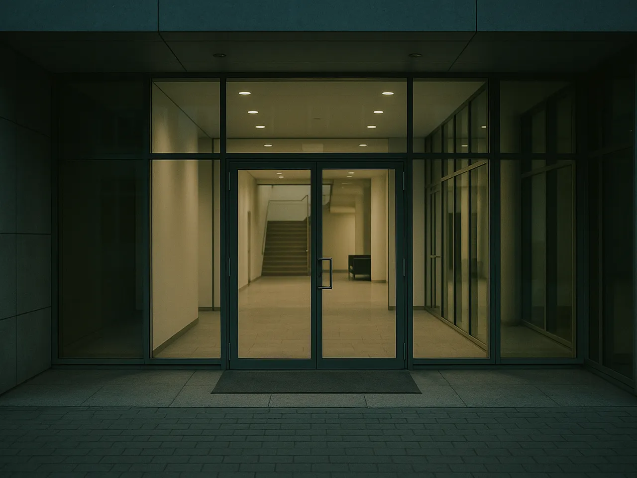 Ruhiger Eingangsbereich eines Bürogebäudes bei Nacht, Foyer hinter Glastüren beleuchtet