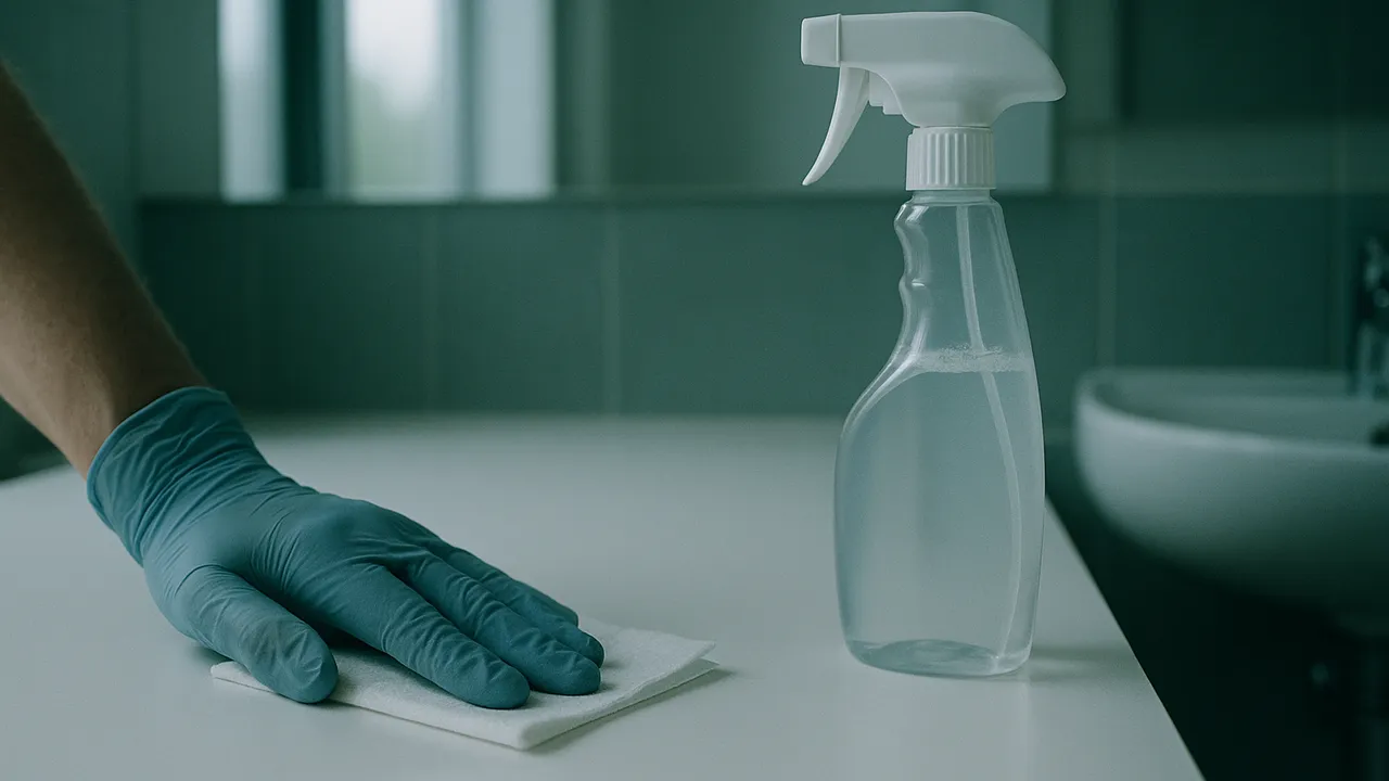 Hand im Handschuh desinfiziert eine glatte Oberfläche in einem Sanitärraum
