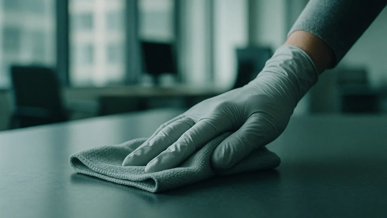 Hand im Handschuh wischt mit einem Mikrofasertuch über eine Schreibtischfläche
