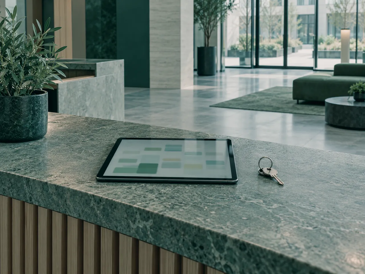 Tablet mit Einsatzplan ohne lesbaren Text und Schlüsselring auf einem Tresen im Foyer