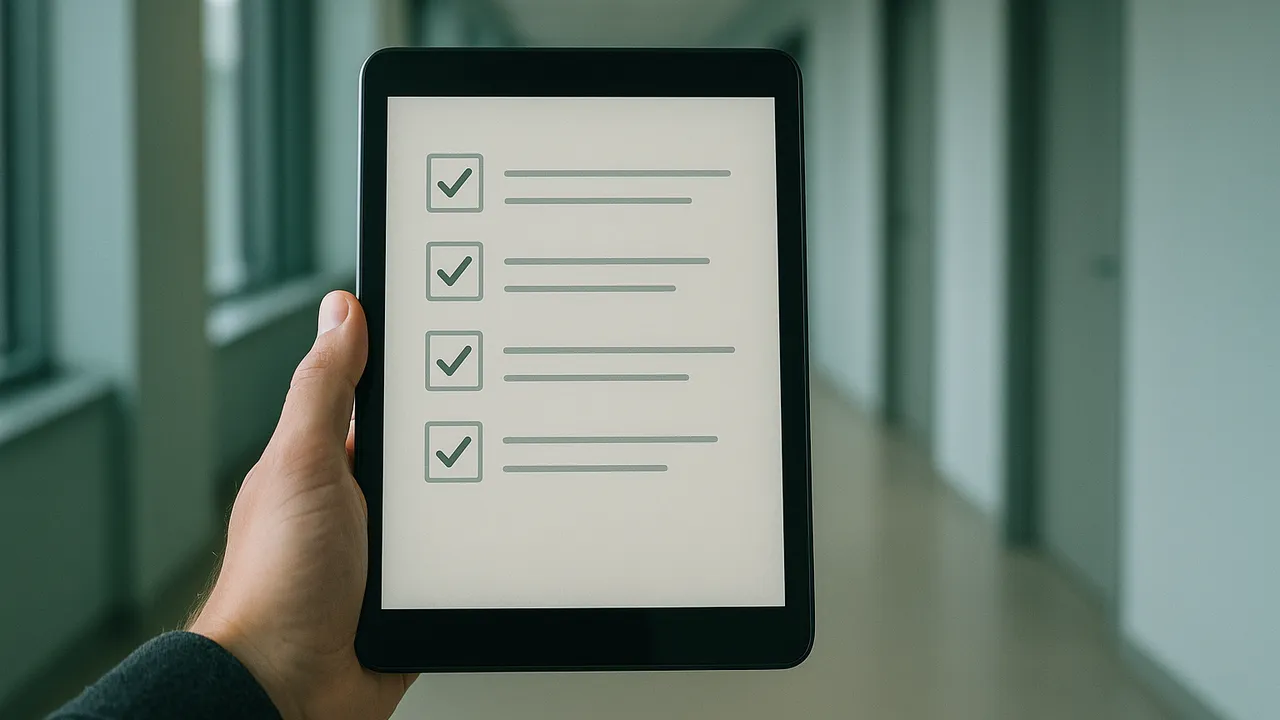 Hand hält ein Tablet mit einer Prüfliste ohne lesbaren Text in einem Büroflur