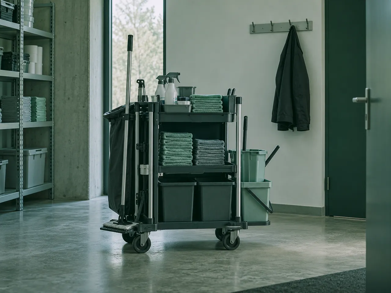 Aufgeräumter Geräteraum mit Reinigungswagen, Mikrofasertüchern und dunkler Jacke am Haken